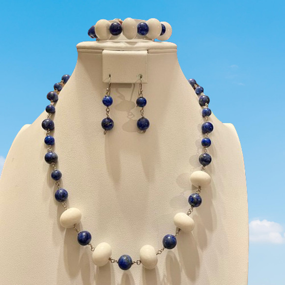๐HP๐Lapis Lazuli & White Glass Beads Sterling Jewelry Set - Picture 3 of 10